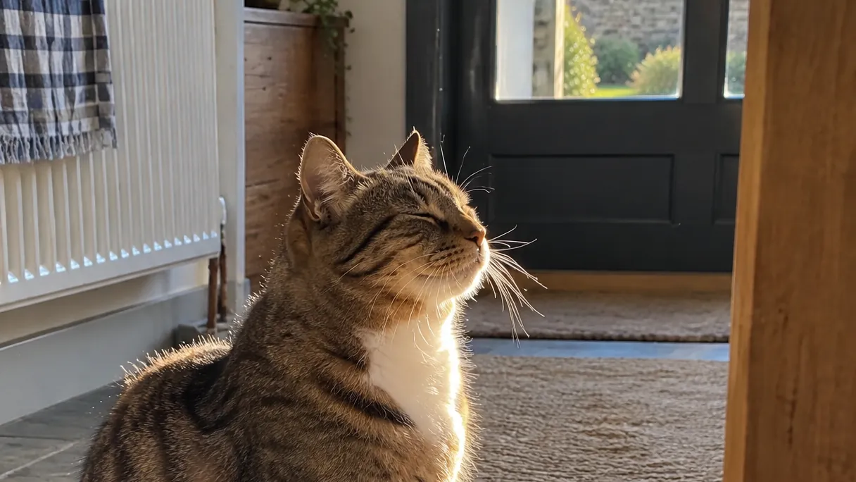 A cat outdoors in low golden light