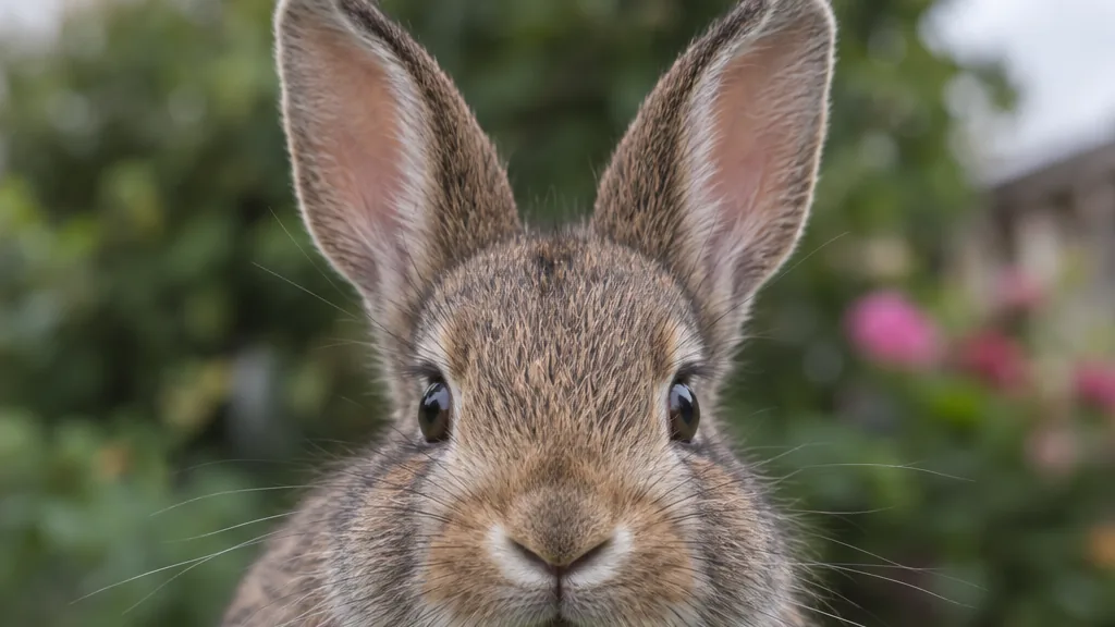 A rabbit sitting on grass, looking straight at the camera