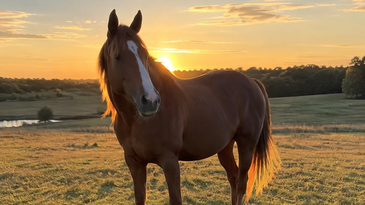 A horse standing in a field in low golden evening light